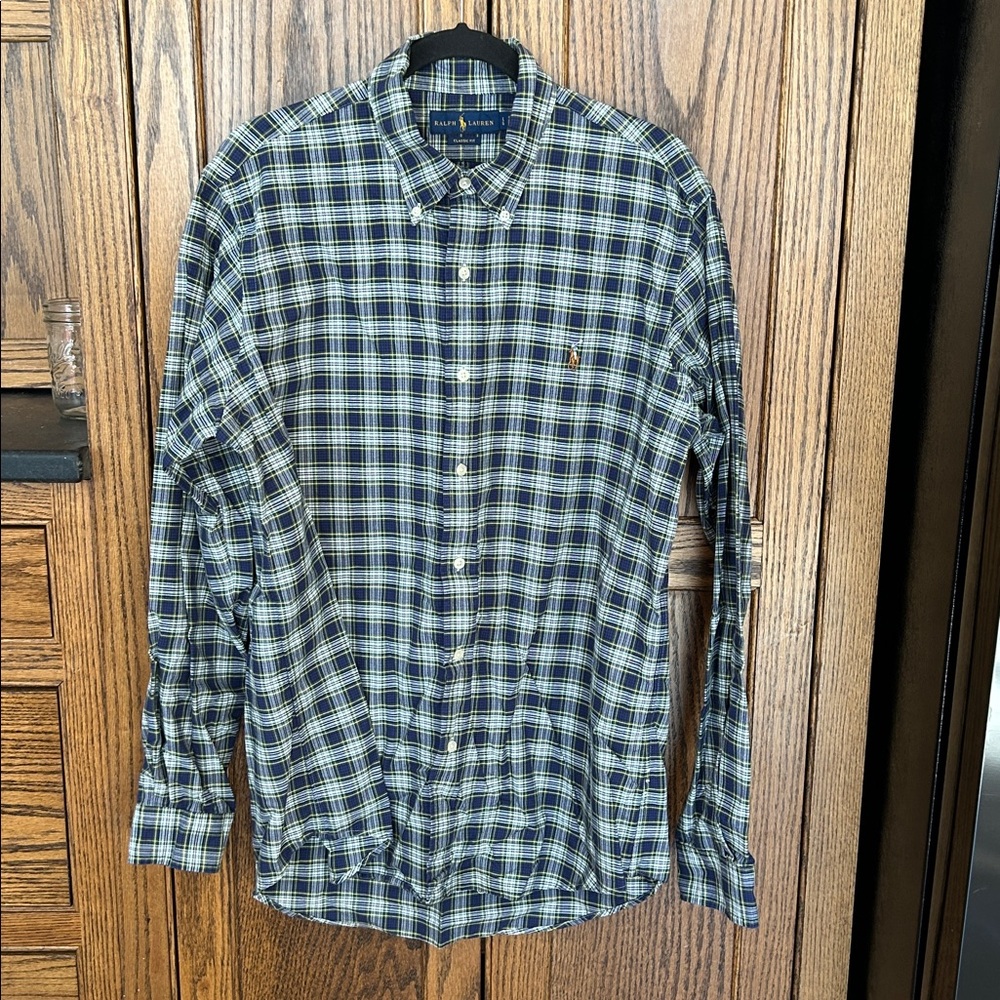 Ralph Lauren Men's Green and Blue Plaid Classic Fit Button Down‎ Shirt Large